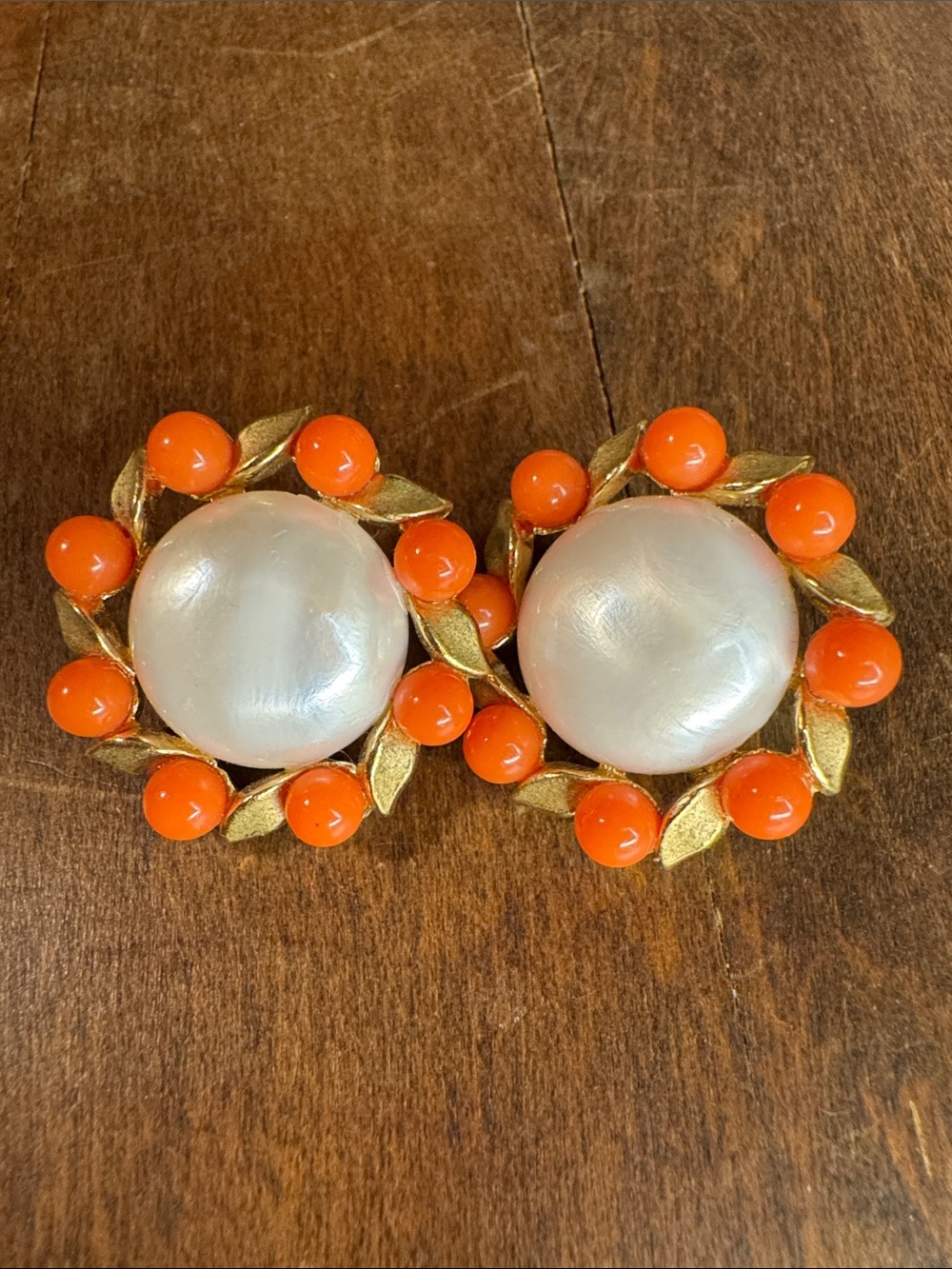 Vintage 1958 Crown Trifari Faux Coral & Mabe Pearl Clip On Earrings Signed